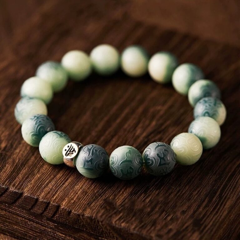 Green and White Gradient Carving Bodhi Root Single Circle String Men and Women Handheld Disc Play Buddha Rosary Beads Literature Bracelet-2