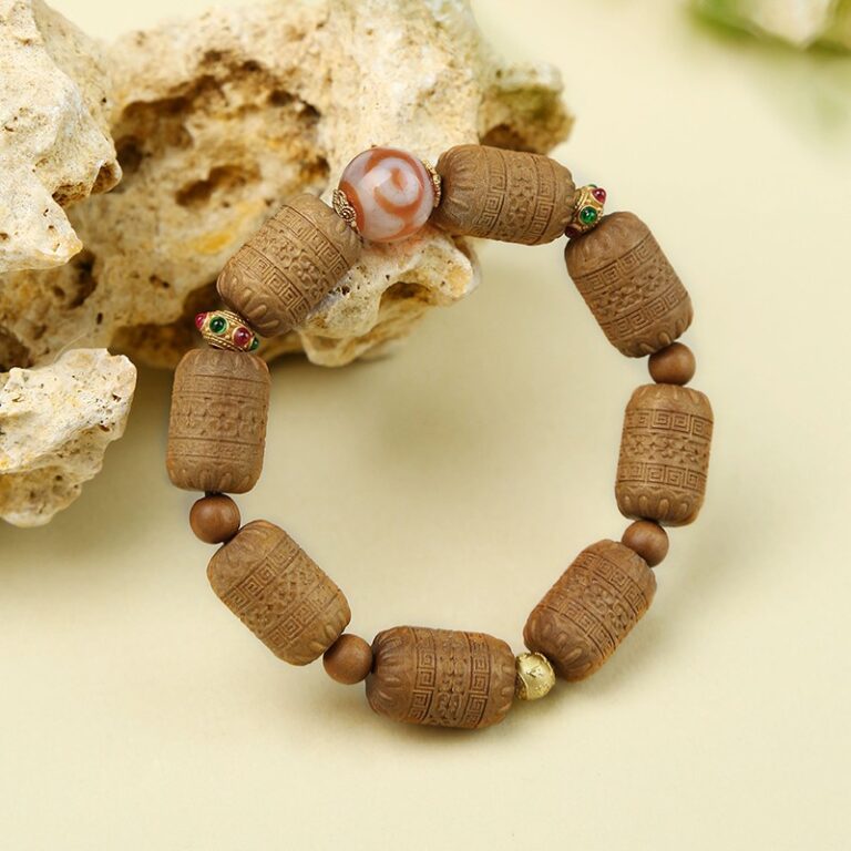 Old Mountain Sandalwood Tiger's Tooth Dzi Bead Strings Six Words of Truth Transfer Beads Agate Disc Jewellery Wooden Literature Beads-5