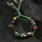 Three-Eyed Dzi Tibetan Cow Bone Strings Agate Playing with Discs Holding Tiger Teeth Bracelets for Men and Women-3