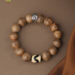 Incense Wood Strings Buddha Beads Tiger Teeth Brave Six Words of Truth Incense Grey Rosary Obsidian Men's Bracelet-3