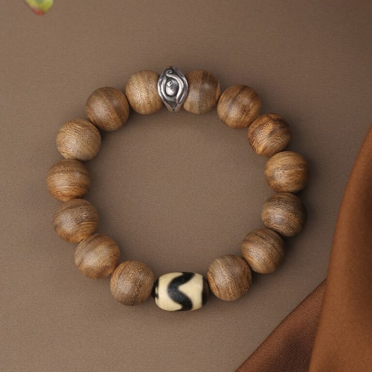 Incense Wood Strings Buddha Beads Tiger Teeth Brave Six Words of Truth Incense Grey Rosary Obsidian Men's Bracelet-3