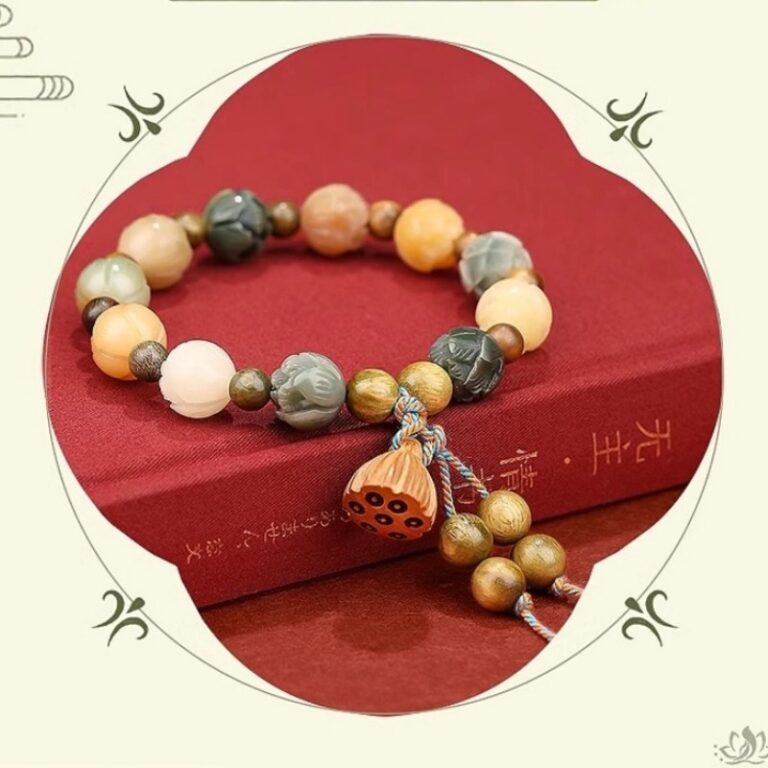 God of Wealth Lotus Bodhi Root String White Jade Bodhi Peaceful Duo Treasure Bracelet-4