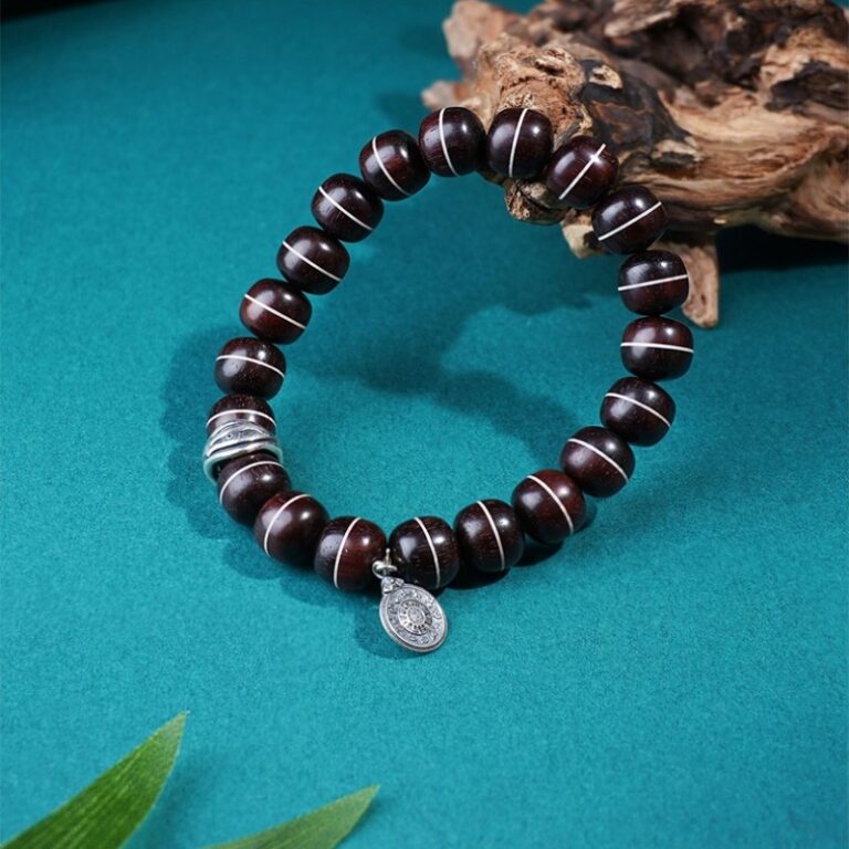 Silver Rosewood Strings Nine Palace Gossip Silver Carving Pieces Disc Literature Play Wooden Bracelet Beads-9