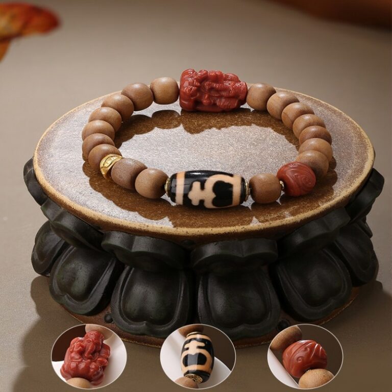 Incense Tiger's Tooth Dzi Bead Bracelet Old Sandalwood Jixiang Nanhong Carvings Bracelet Wooden Cultural Toys Beads-11