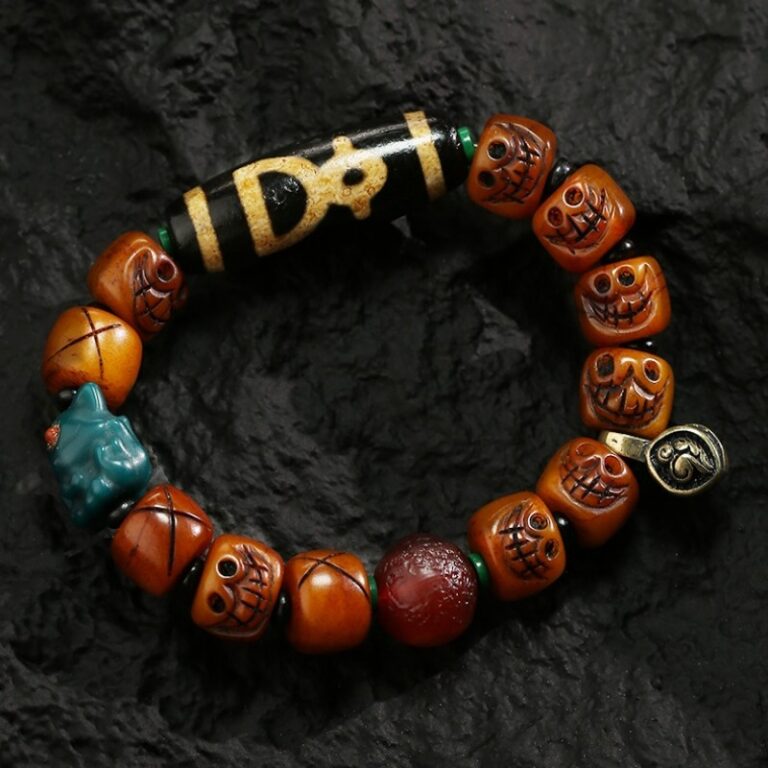 Three-Eyed Dzi Tibetan Cow Bone Strings Agate Playing with Discs Holding Tiger Teeth Bracelets for Men and Women-12