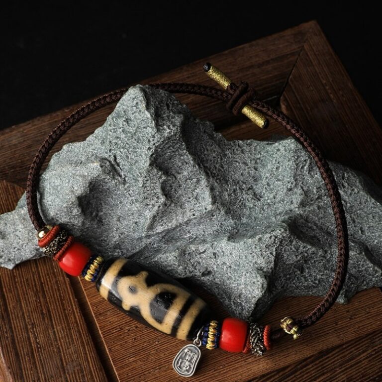 Nine Eyes Dzi Bead Hand Rope Tibetan Red Flesh Yak Bone Tiger Tooth Treasure Vase Transfer Beads Bracelet for Men and Women-15