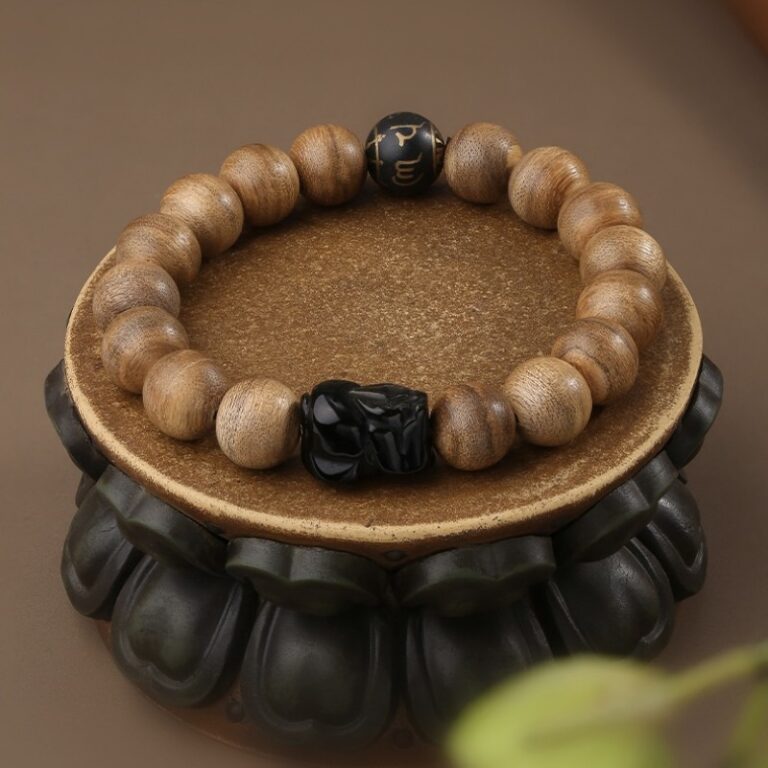 Incense Wood Strings Buddha Beads Tiger Teeth Brave Six Words of Truth Incense Grey Rosary Obsidian Men's Bracelet-14