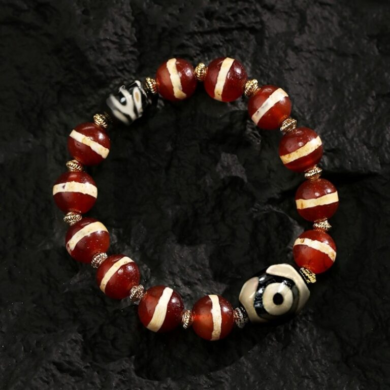 Three-Eyed Dzi Tibetan Cow Bone Strings Agate Playing with Discs Holding Tiger Teeth Bracelets for Men and Women-14