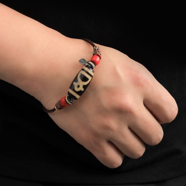 Nine Eyes Dzi Bead Hand Rope Tibetan Red Flesh Yak Bone Tiger Tooth Treasure Vase Transfer Beads Bracelet for Men and Women-16