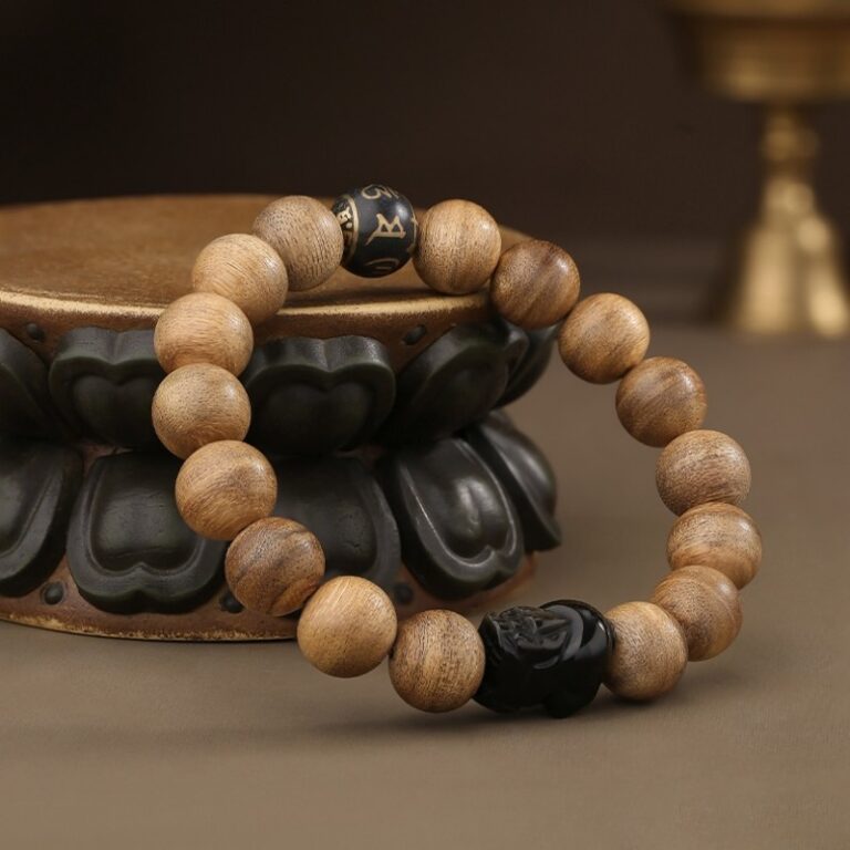 Incense Wood Strings Buddha Beads Tiger Teeth Brave Six Words of Truth Incense Grey Rosary Obsidian Men's Bracelet-15