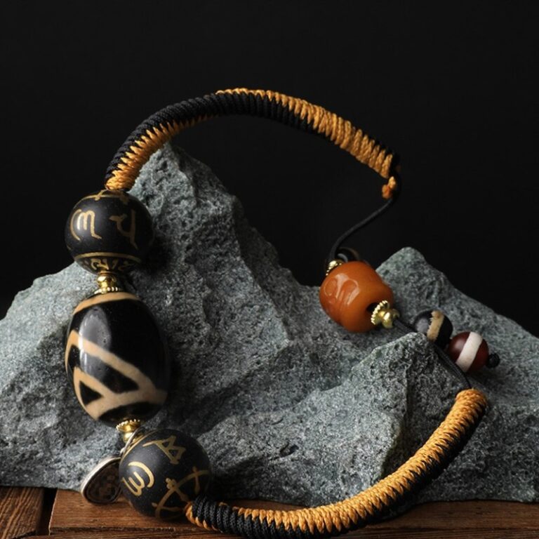 Nine Eyes Dzi Bead Hand Rope Tibetan Red Flesh Yak Bone Tiger Tooth Treasure Vase Transfer Beads Bracelet for Men and Women-17